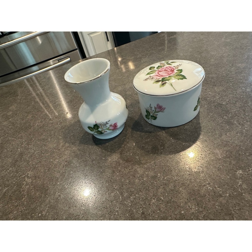 Leart Brazil Porcelain Pink Rose Trinket Jar and Bud Vase Set Silver Rim Vintage
